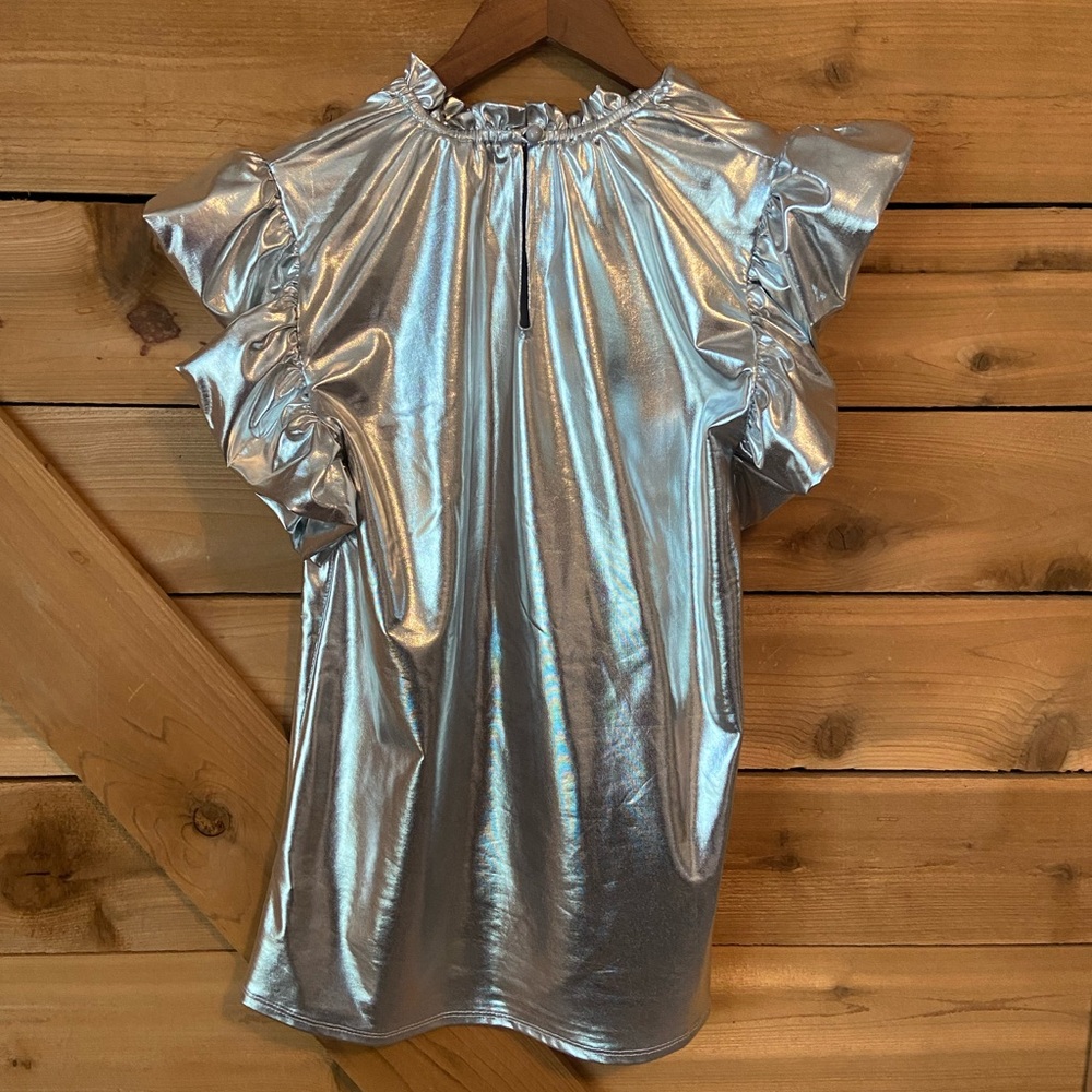 Metallic Silver Ruffle Sleeve Blouse - Picture 2 of 8